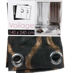 Voilage à oeillets fond noir lignes brillantes cuivrées