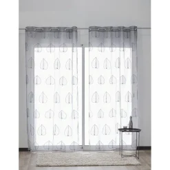 Voilage à oeillets gris motifs feuilles brodées