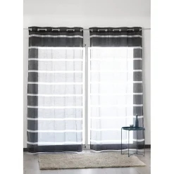 Voilage à oeillets noir brillant rayures argentées