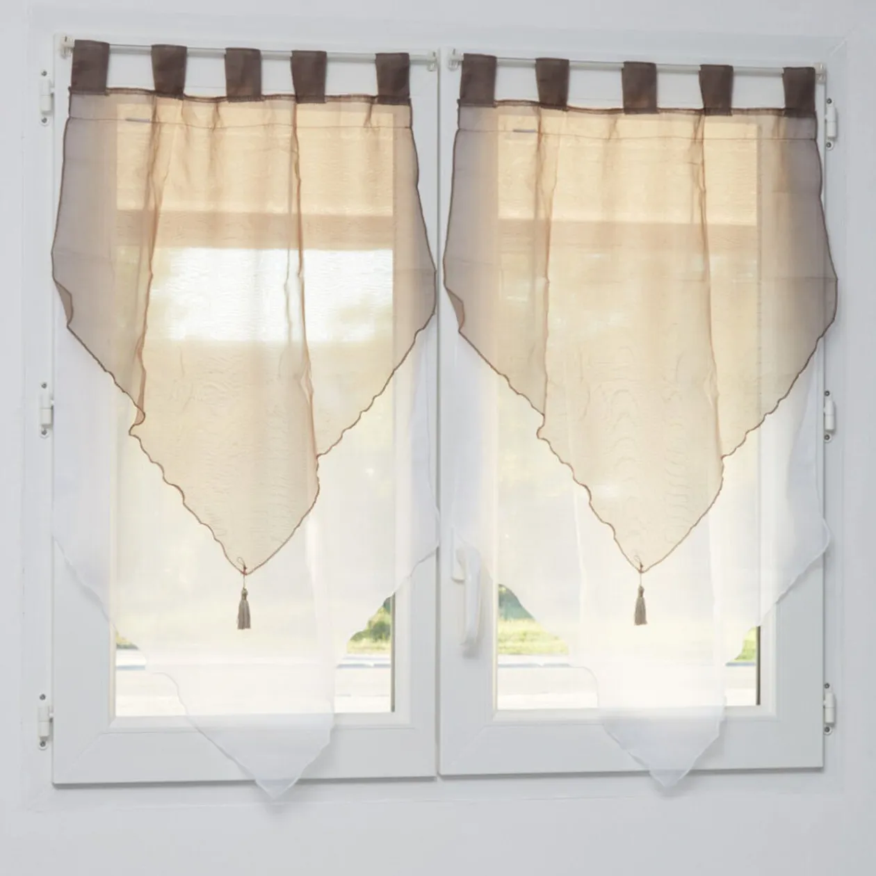 Voilage à passants bicolore blanc et taupe x2