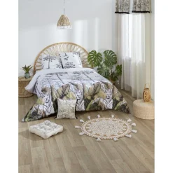 Voilage blanc avec haut imprimé tropical noir naturel 140x240 cm