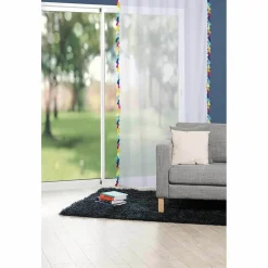 Voilage uni blanc pompons multicolore